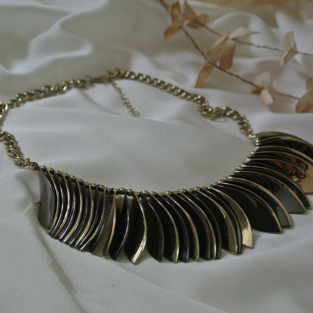 Bancroft‎ Mixed Metal Hematite Fan Statement Bib Necklace OS Gold Gunmetal